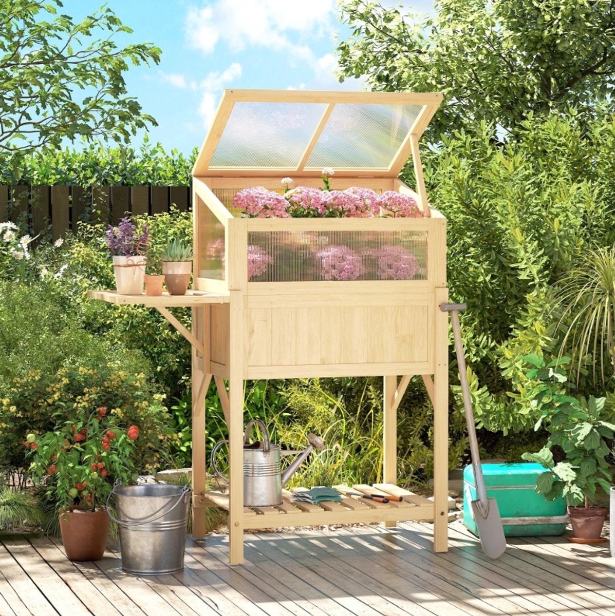 COVREO Moestuinbak met broeikap 104 x 50 x 120 cm, naturel, hout, met zijtafel