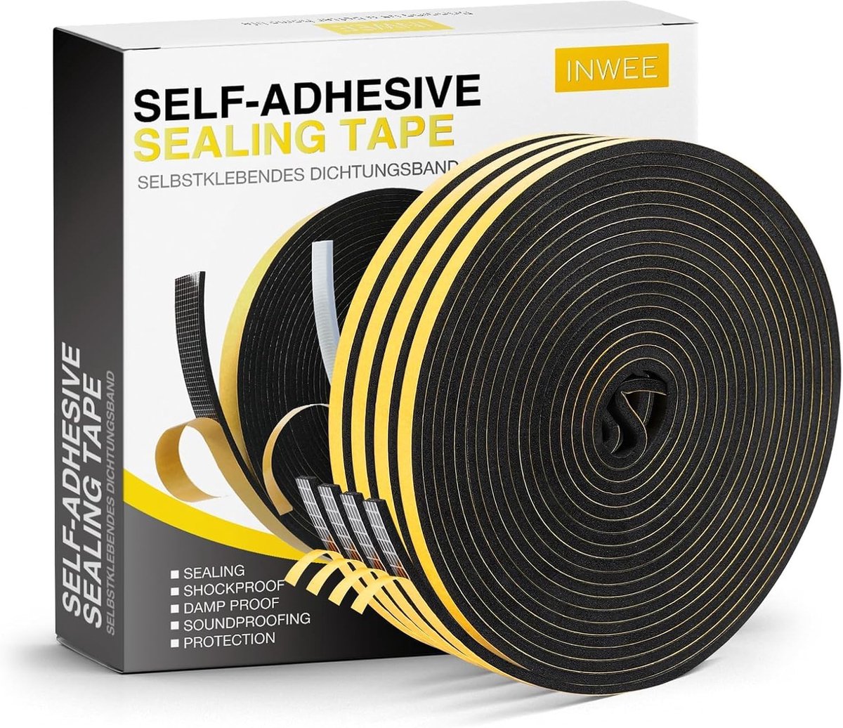 Afdichtingstape 4 Rollen 6mm x 3mm - Zelfklevend Schuimtape - Rubber Afdichting tegen Koude Tocht - ShopVlot