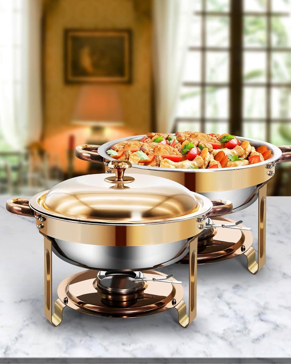 Dish Buffetset, 5 l, 2 stuks, roestvrij staal, warmhoudcontainers, voedselverwarmer voor catering, buffet en feestjes (rond Oro rosa, 2 sets)