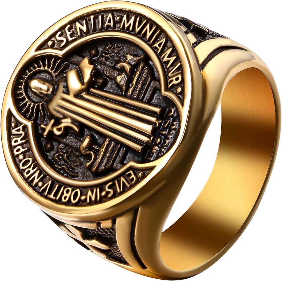Heilige Benedictus-ring heren: goud roestvrij staal herenring St.
