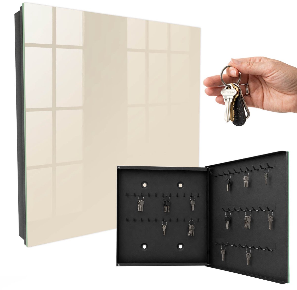 WallMuralia - Sleutelkast - 30x30x5 cm - met 50 haken - Lichte Steen Sleutelkastje Hal - Romig Sleutelbox - Rechtsopenend - Zwart interieur