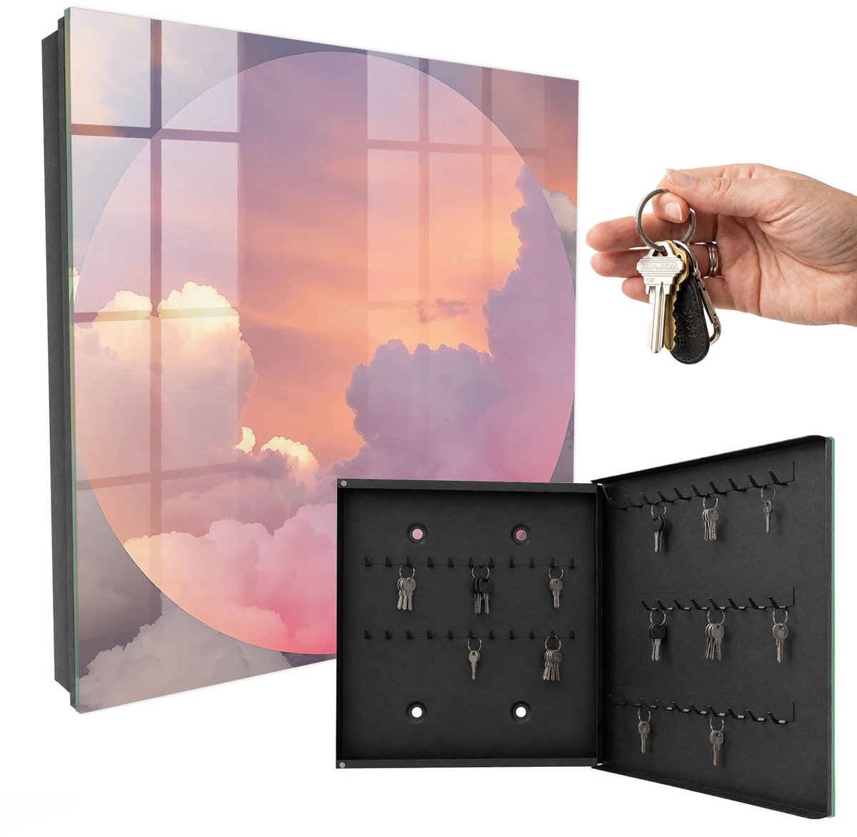 WallMuralia - Sleutelkast - 30x30x5 cm - met 50 haken - Etherische Wolken Sleutelkastje Huis - Roze Sleutelbox - Rechtsopenend - Zwart interieur