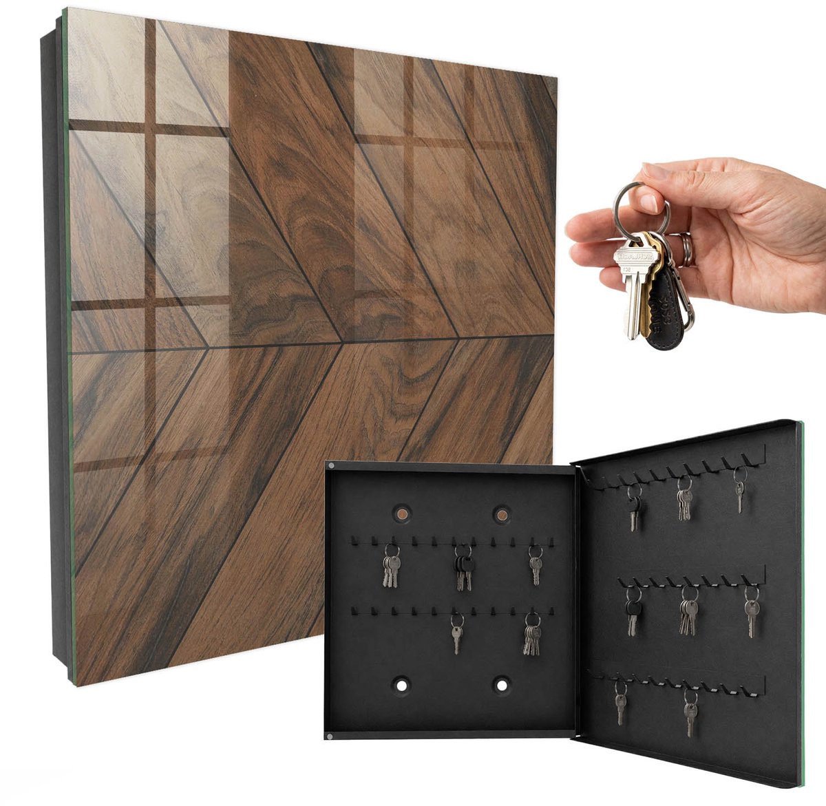 WallMuralia - Sleutelkast - 30x30x5 cm - met 50 haken - Houten Visgraatmotief Sleutelkastje Hal - Bruin Sleutelbox - Rechtsopenend - Zwart interieur