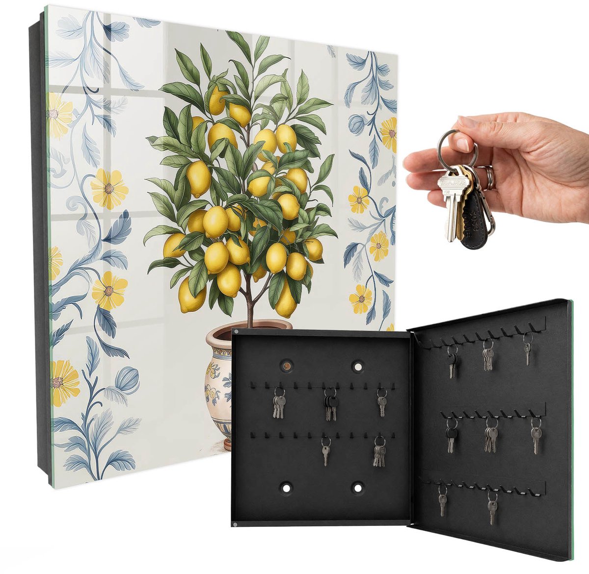 WallMuralia - Sleutelkast - 30x30x5 cm - met 50 haken - Citroenboom Groot Sleutelkastje - Groente Sleutelbox - Rechtsopenend - Zwart interieur