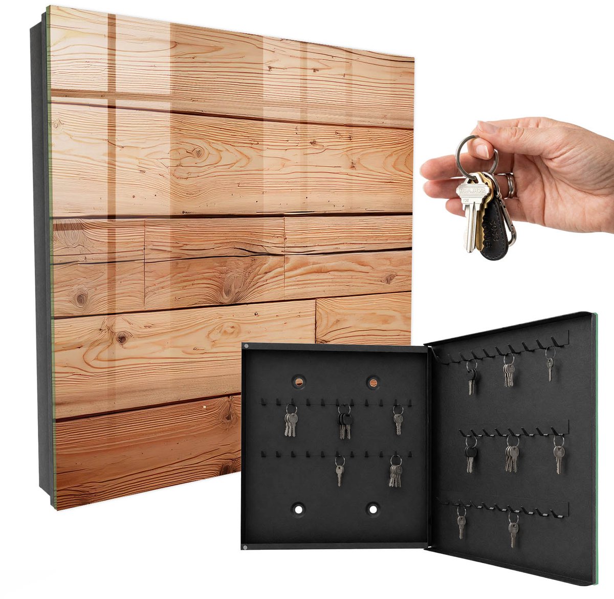 WallMuralia - Sleutelkast - 30x30x5 cm - met 50 haken - Houten Planken Sleutelkastje Klein - Beige Sleutelbox - Rechtsopenend - Zwart interieur