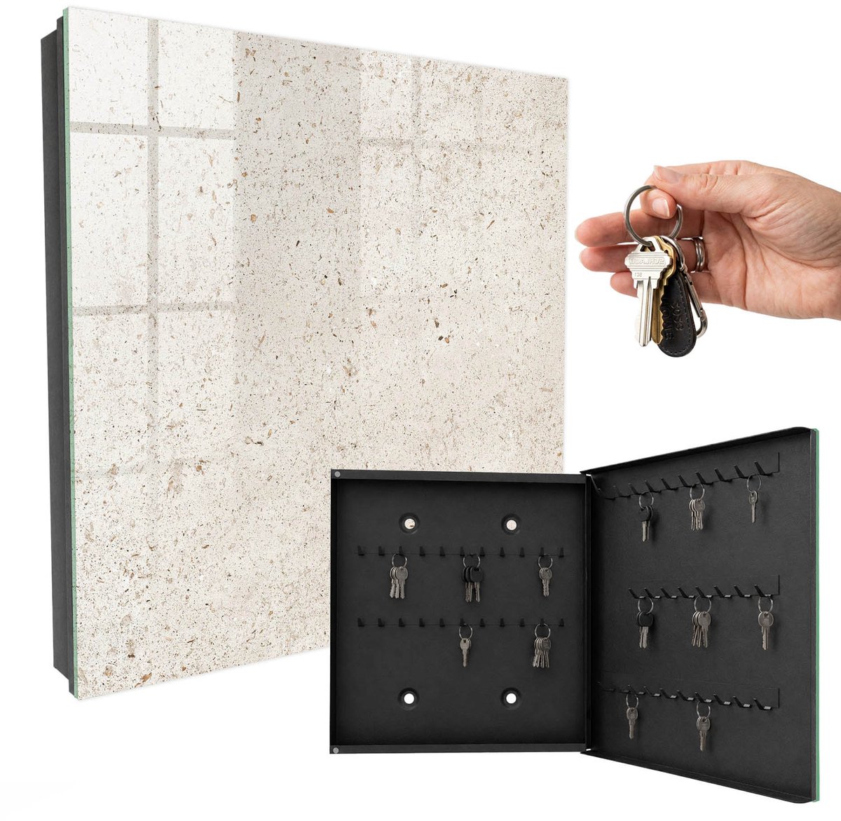 WallMuralia - Sleutelkast - 30x30x5 cm - met 50 haken - Beige Elegantie Sleutelkastje Binnen - Beige Sleutelbox - Rechtsopenend - Zwart interieur