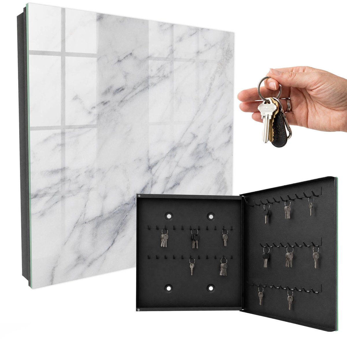 WallMuralia - Sleutelkast - 30x30x5 cm - met 50 haken - Marmeren Elegantie Leuk Sleutelkastje - Wit Sleutelbox - Rechtsopenend - Zwart interieur