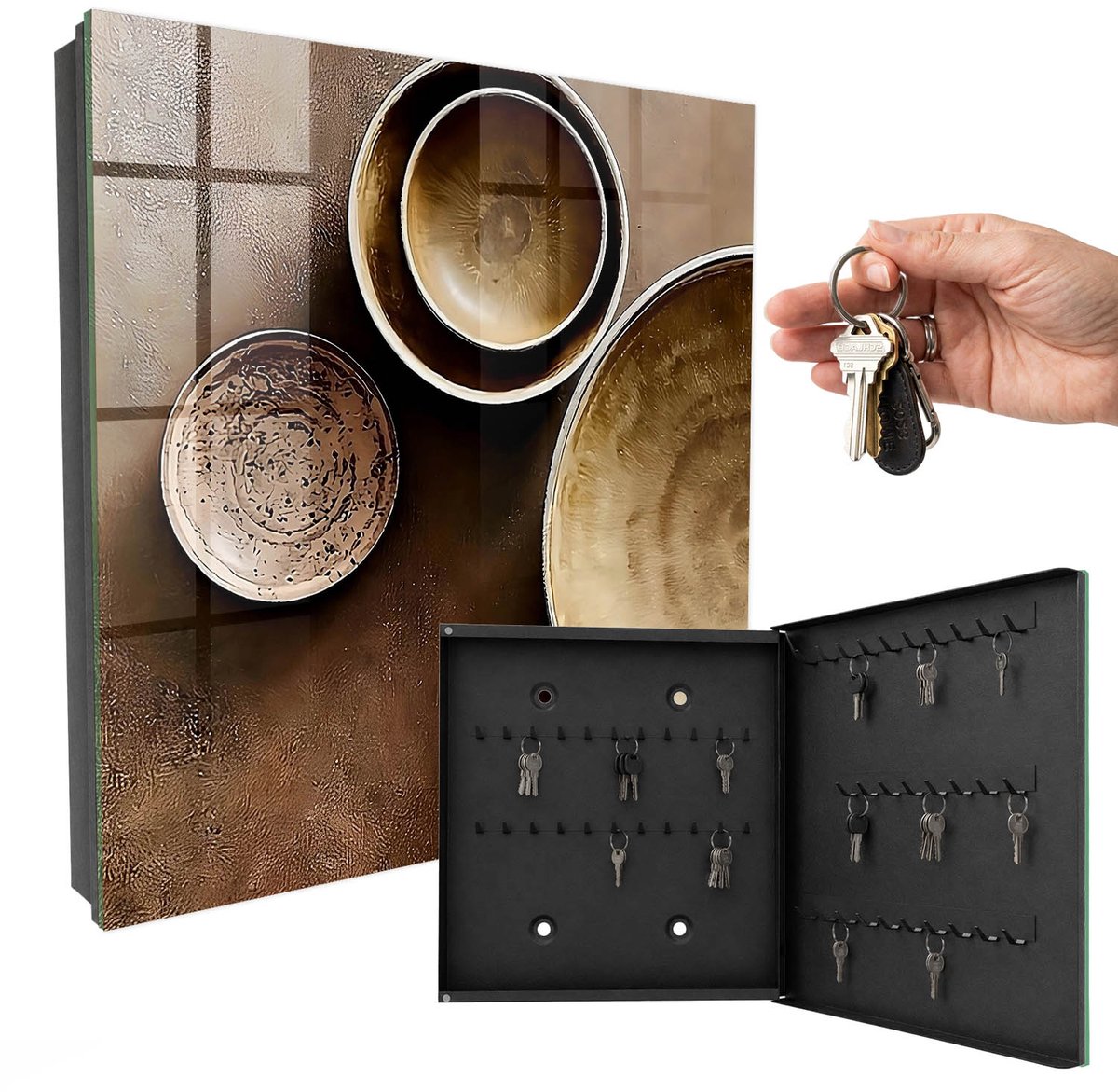 WallMuralia - Sleutelkast - 30x30x5 cm - met 50 haken - Bruine Set Sleutelkastje Hal - Bruin Sleutelbox - Rechtsopenend - Zwart interieur