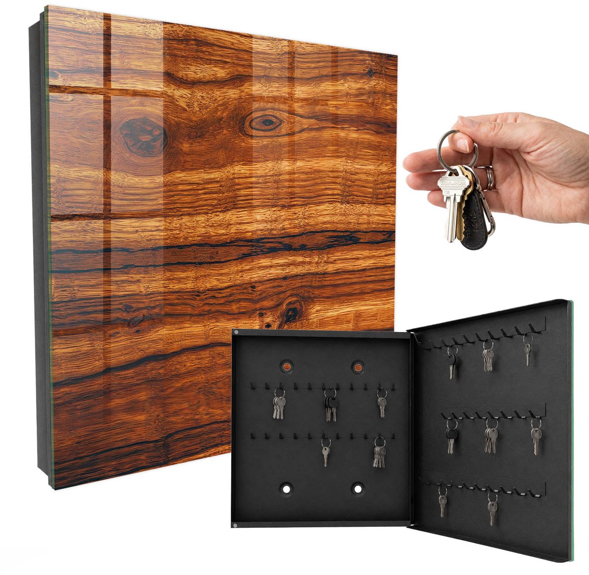WallMuralia - Sleutelkast - 30x30x5 cm - met 50 haken - Houtstructuur Sleutelkastje Gang - Zwart Sleutelbox - Rechtsopenend - Zwart interieur