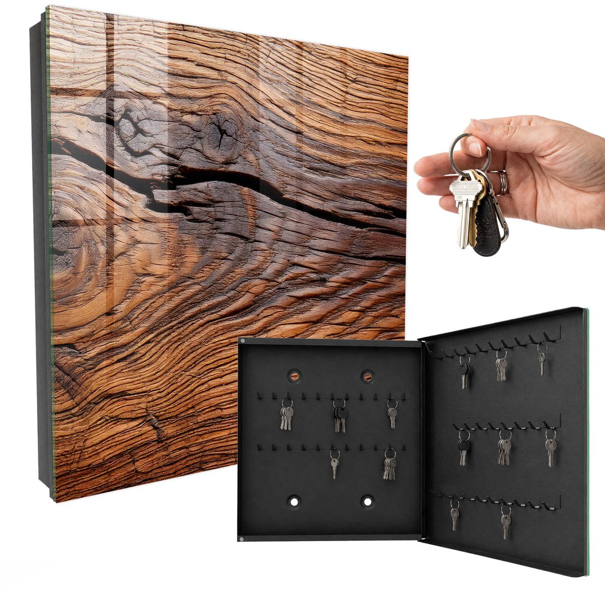 WallMuralia - Sleutelkast - 30x30x5 cm - met 50 haken - Houtstructuur Sleutelkastje Hal - Beige Sleutelbox - Rechtsopenend - Zwart interieur