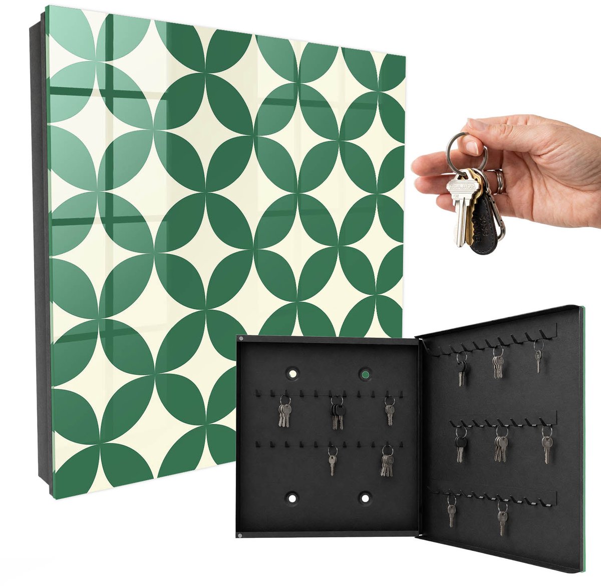 WallMuralia - Sleutelkast - 30x30x5 cm - met 50 haken - Groene Wielen Sleutelkastje Design - Groente Sleutelbox - Rechtsopenend - Zwart interieur