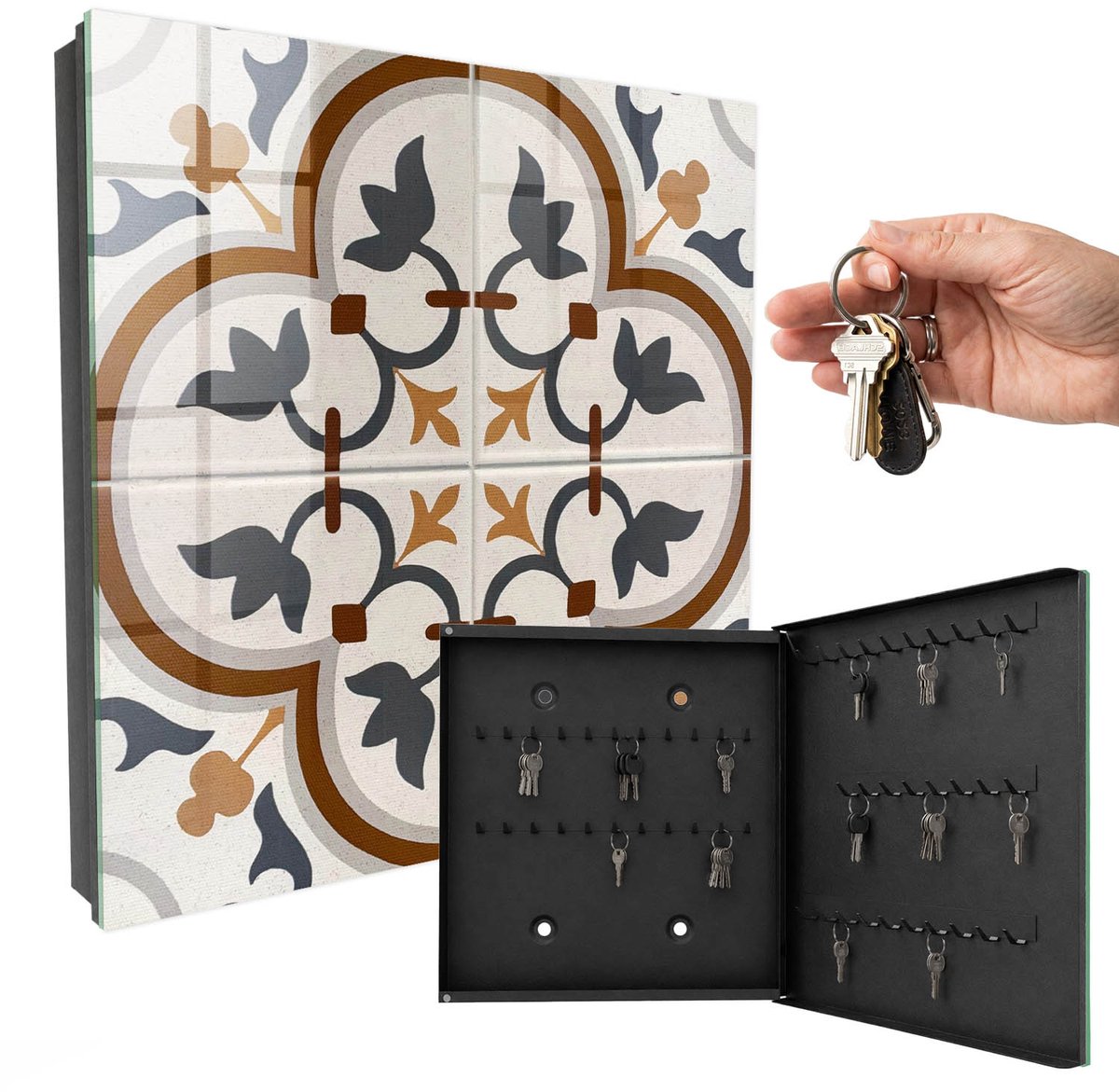 WallMuralia - Sleutelkast - 30x30x5 cm - met 50 haken - Geometrische Elegantie Sleutelkastje Muur - Beige Sleutelbox - Rechtsopenend - Zwart interieur
