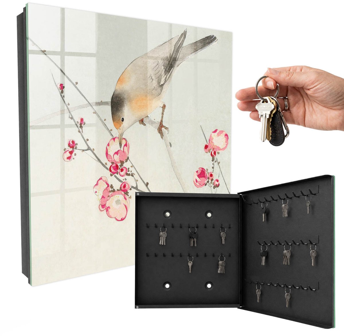 WallMuralia - Sleutelkast - 30x30x5 cm - met 50 haken - Vogelbloemen Groot Sleutelkastje - Grijs Sleutelbox - Rechtsopenend - Zwart interieur