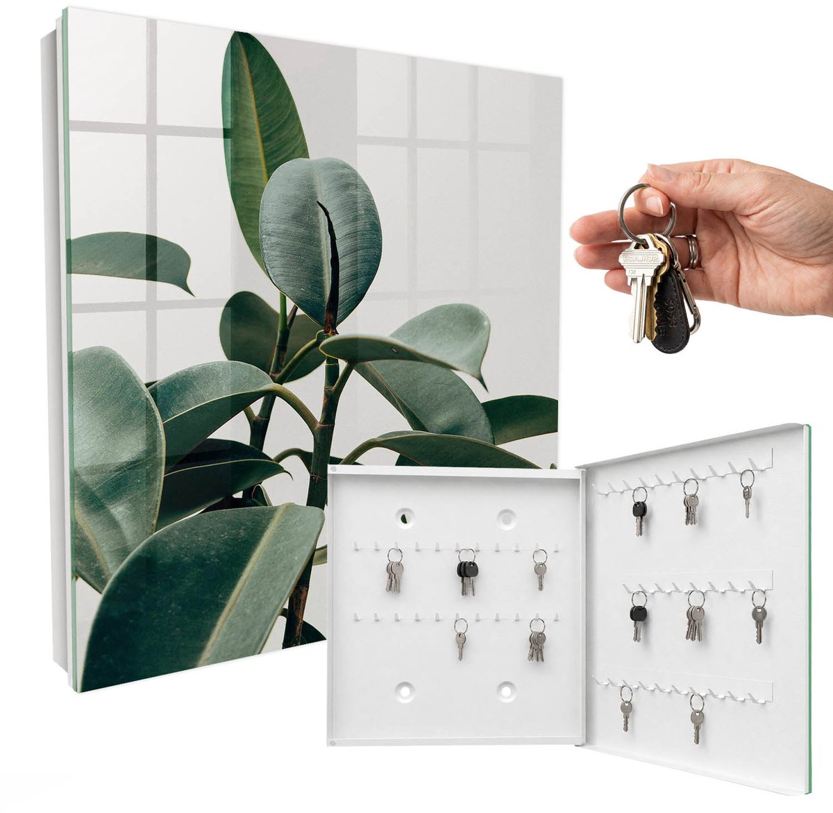 WallMuralia - Sleutelkast - 30x30x5 cm - met 50 haken - Ficusbladeren Sleutelkastje Huis - Groente Sleutelbox - Rechtsopenend - Wit interieur