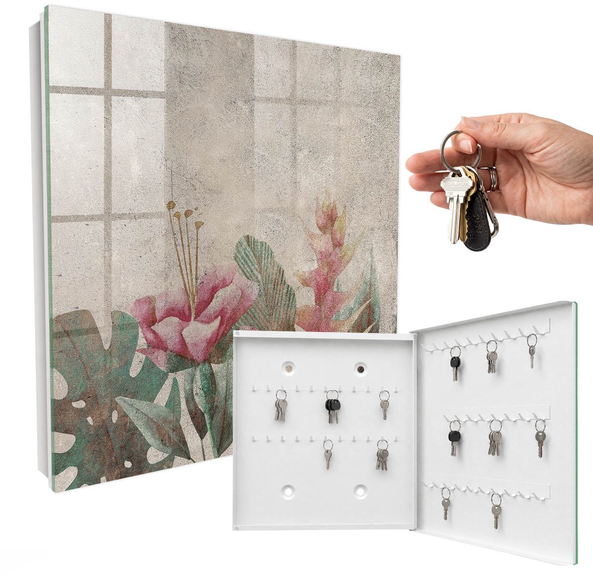 WallMuralia - Sleutelkast - 30x30x5 cm - met 50 haken - Botanische Elegantie Sleutelkastje Binnen - Beige Sleutelbox - Rechtsopenend - Wit interieur