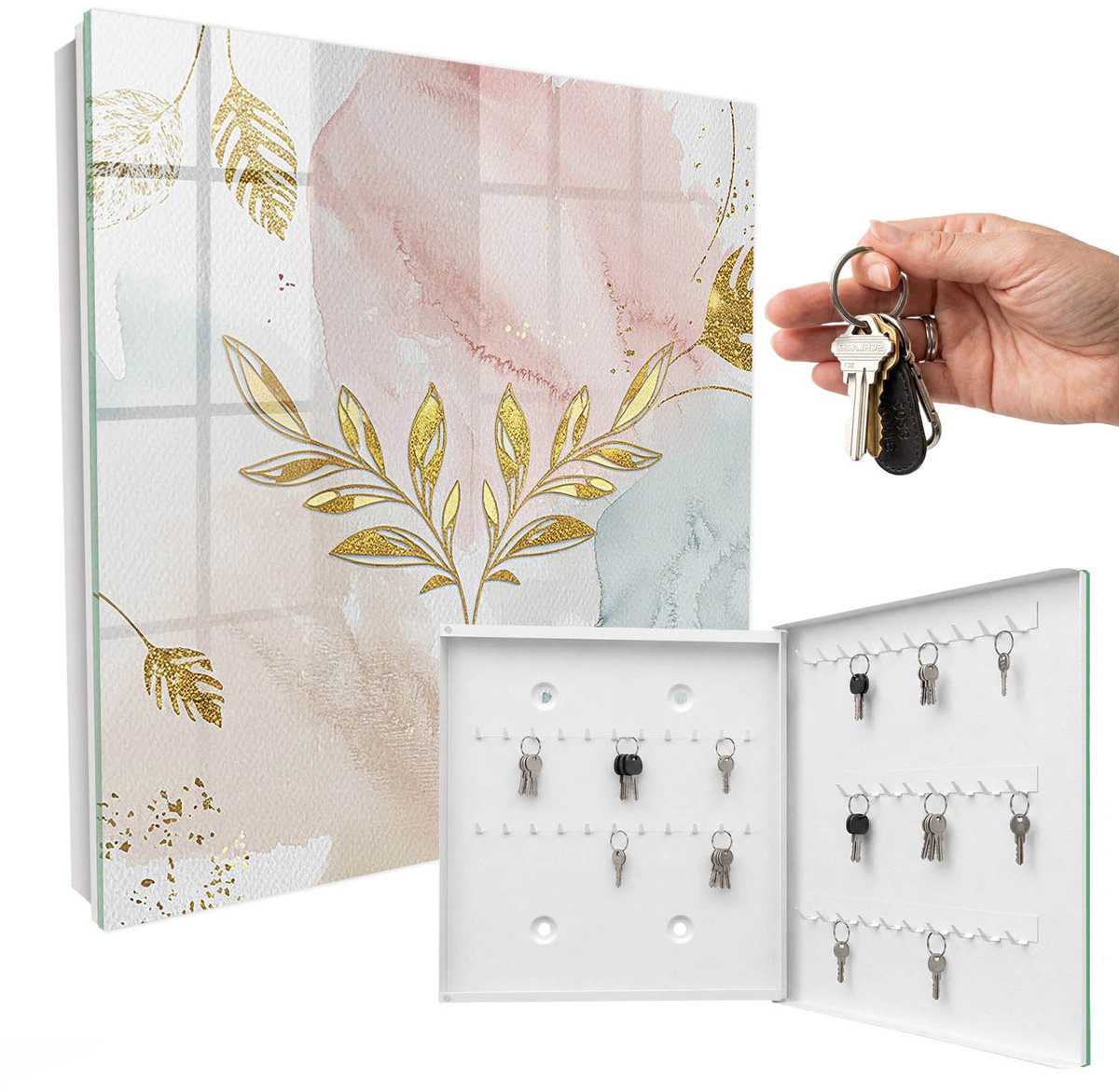 WallMuralia - Sleutelkast - 30x30x5 cm - met 50 haken - Pastel Charm Sleutelkastje Landelijk - Roze Sleutelbox - Rechtsopenend - Wit interieur