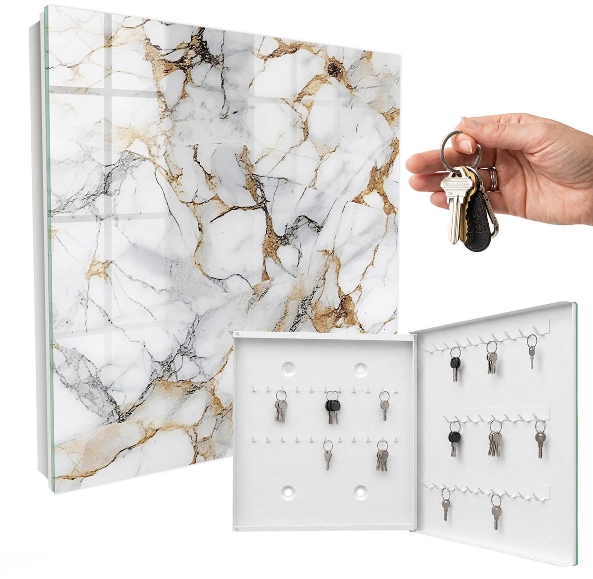 WallMuralia - Sleutelkast - 30x30x5 cm - met 50 haken - Marmeren Elegantie Sleutelkastje Muur - Wit Sleutelbox - Rechtsopenend - Wit interieur