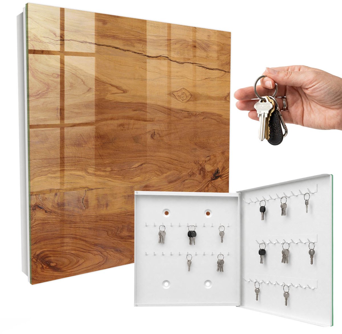 WallMuralia - Sleutelkast - 30x30x5 cm - met 50 haken - Houtstructuur Groot Sleutelkastje - Bruin Sleutelbox - Rechtsopenend - Wit interieur
