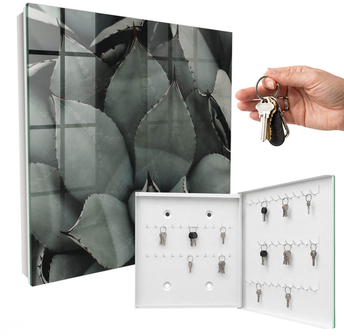 WallMuralia - Sleutelkast - 30x30x5 cm - met 50 haken - Plantaardige Elegantie Design Sleutelkastje - Grijs Sleutelbox - Rechtsopenend - Wit interieur