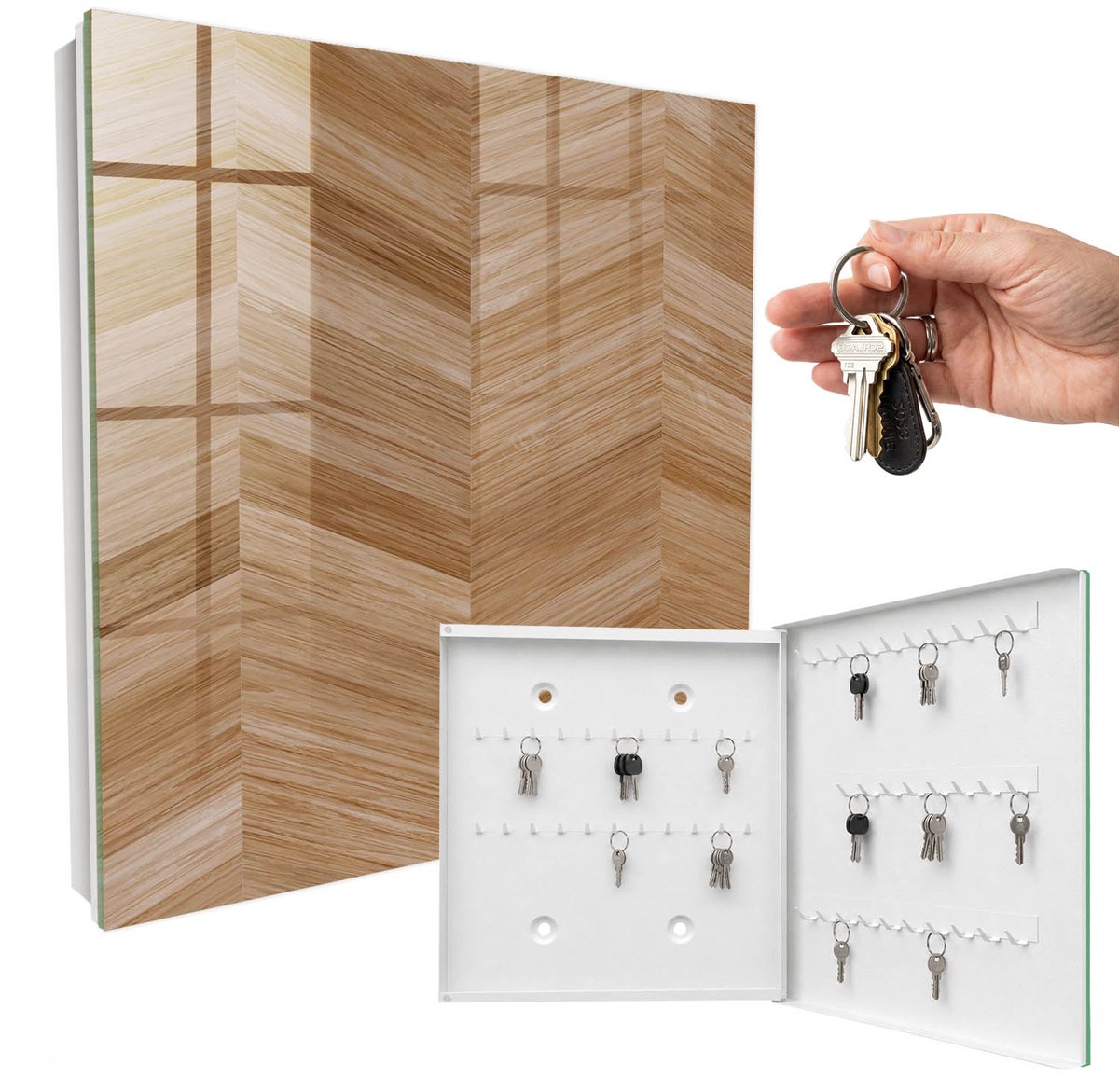 WallMuralia - Sleutelkast - 30x30x5 cm - met 50 haken - Houten Visgraatmotief Sleutelkastje Huis - Bruin Sleutelbox - Rechtsopenend - Wit interieur