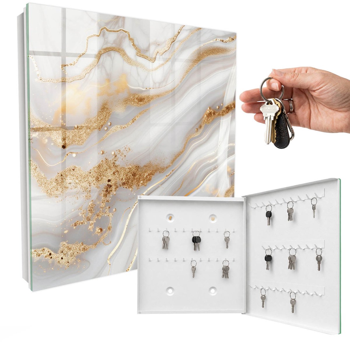 WallMuralia - Sleutelkast - 30x30x5 cm - met 50 haken - Abstracte Elegantie Sleutelkastje - Wit Sleutelbox - Rechtsopenend - Wit interieur