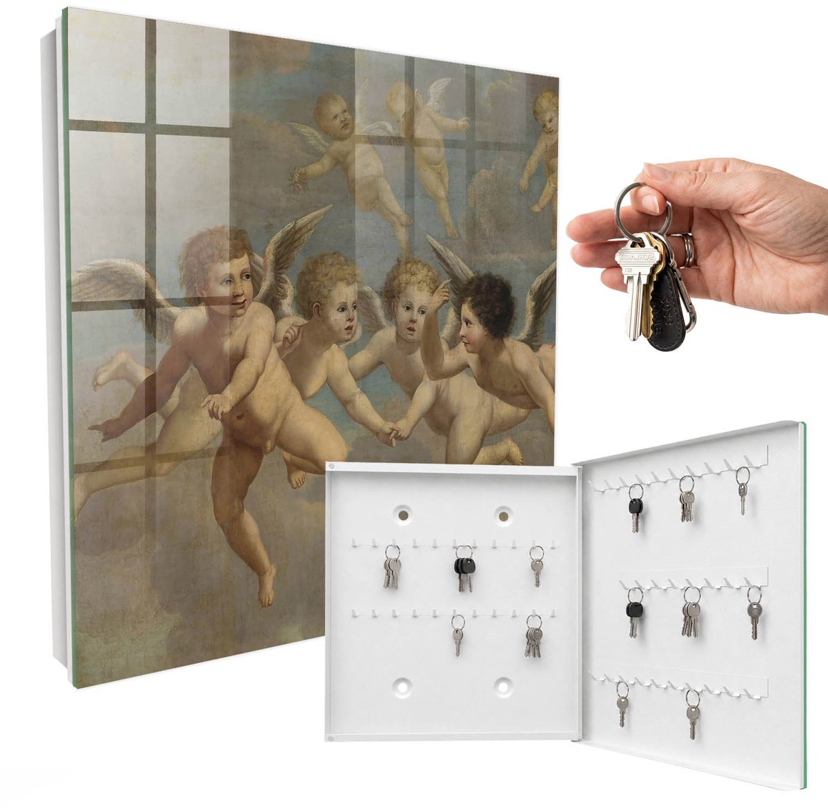 WallMuralia - Sleutelkast - 30x30x5 cm - met 50 haken - Vliegende Engelen Putti Barokschilderij Sleutelkastje - Beige Sleutelbox - Rechtsopenend - Wit interieur