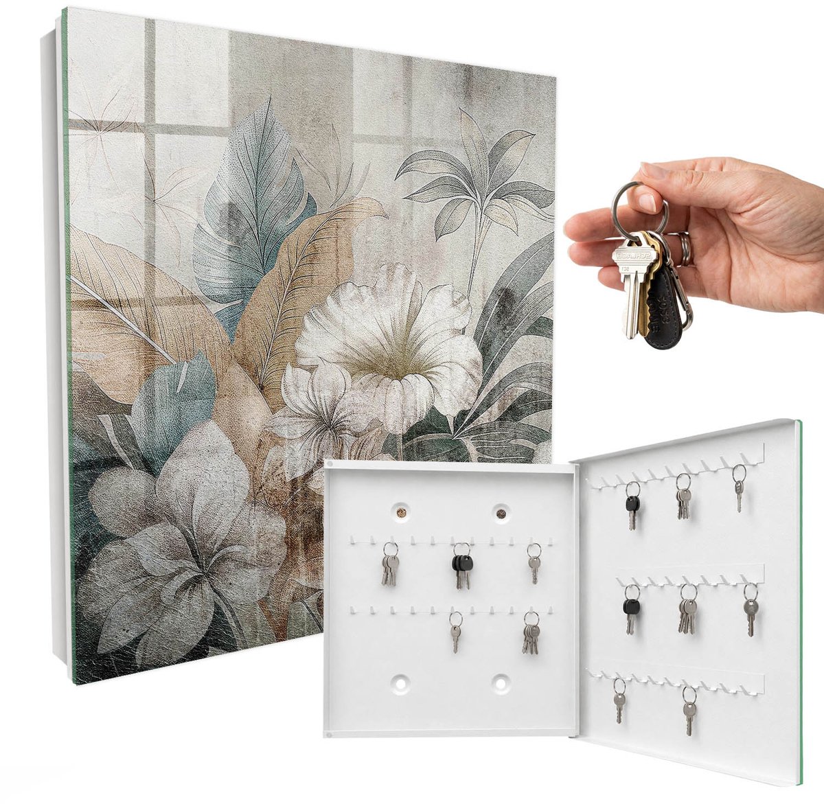 WallMuralia - Sleutelkast - 30x30x5 cm - met 50 haken - Bloemen Natuur Sleutelkastje - Beige Sleutelbox - Rechtsopenend - Wit interieur