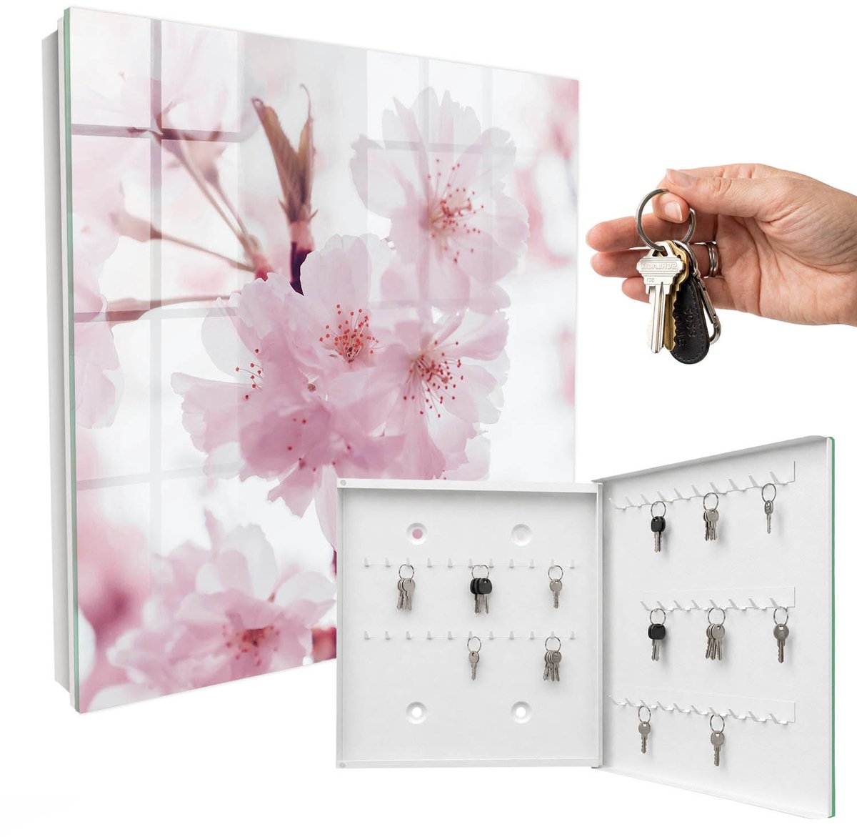 WallMuralia - Sleutelkast - 30x30x5 cm - met 50 haken - Kersenbloesems Groot Sleutelkastje - Roze Sleutelbox - Rechtsopenend - Wit interieur
