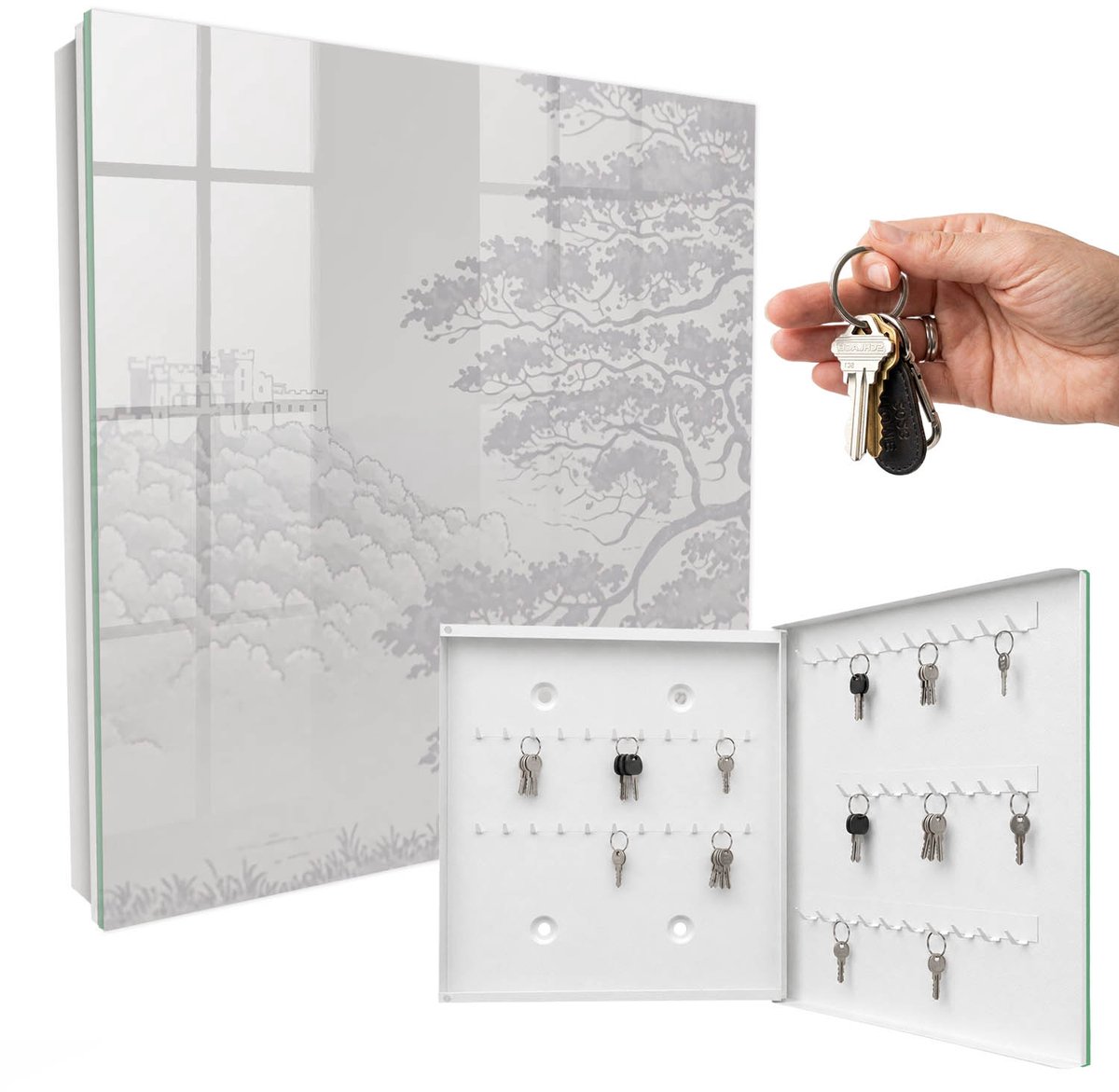 WallMuralia - Sleutelkast - 30x30x5 cm - met 50 haken - Kasteellandschap Sleutelkastje Industrieel - Grijs Sleutelbox - Rechtsopenend - Wit interieur