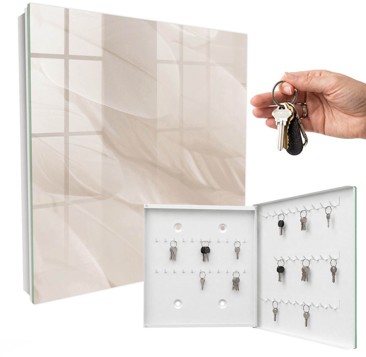 WallMuralia - Sleutelkast - 30x30x5 cm - met 50 haken - Romige Lichtheid Sleutelkastje Design - Romig Sleutelbox - Rechtsopenend - Wit interieur