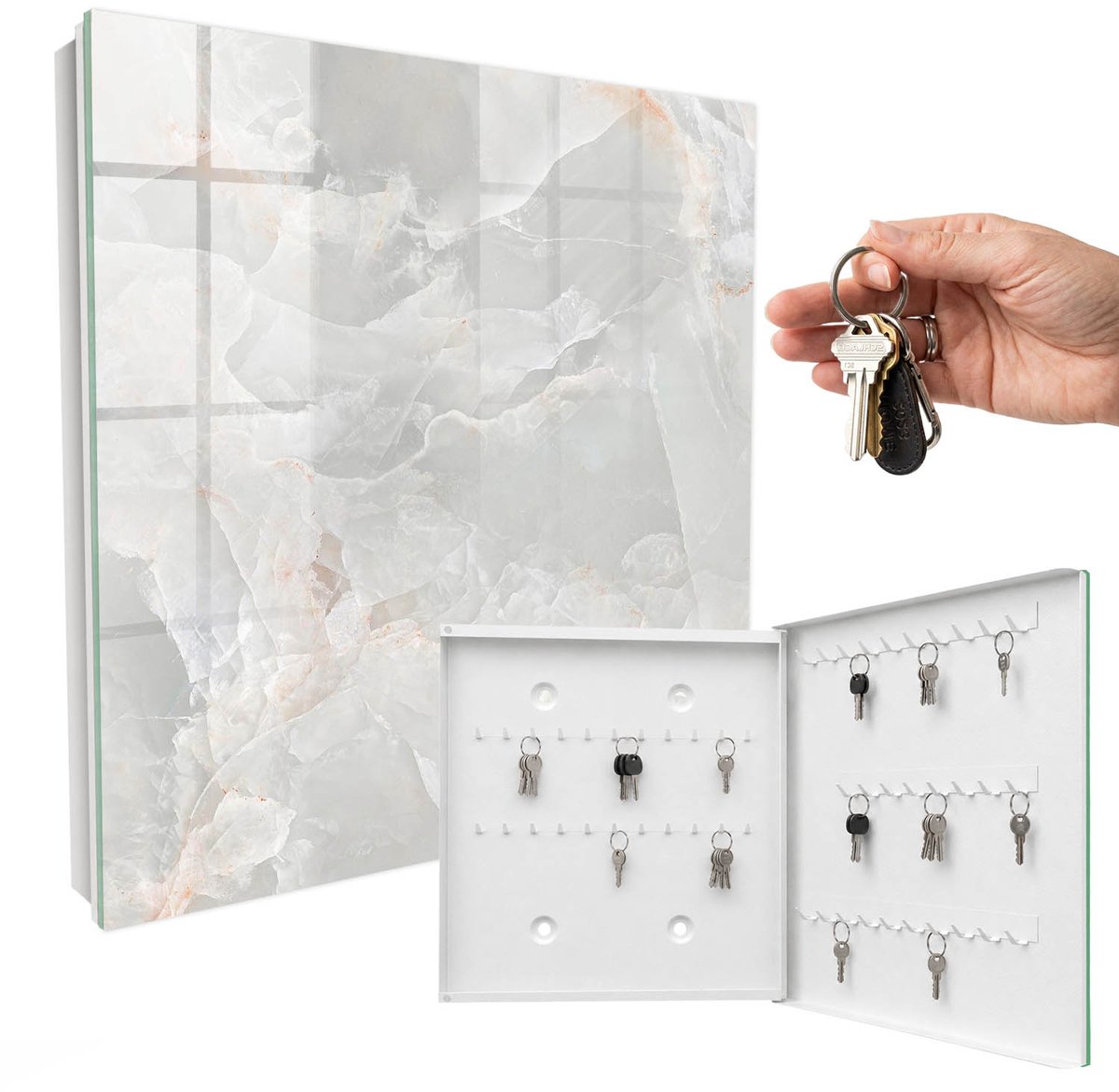 WallMuralia - Sleutelkast - 30x30x5 cm - met 50 haken - Neutrale Elegantie Sleutelkastje Muur - Wit Sleutelbox - Rechtsopenend - Wit interieur