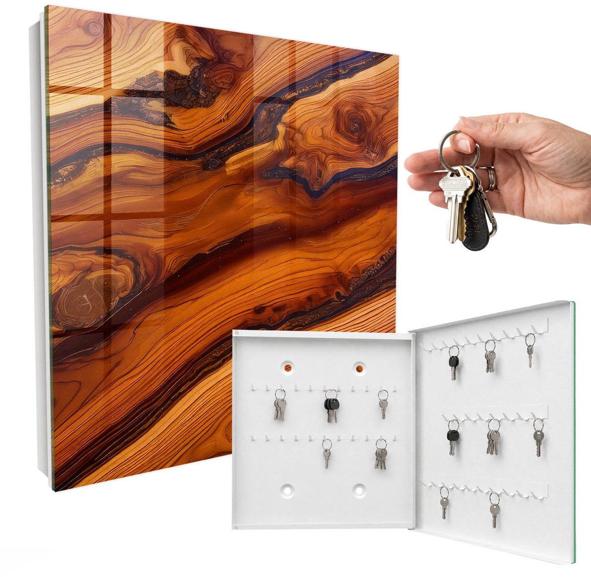 WallMuralia - Sleutelkast - 30x30x5 cm - met 50 haken - Houtessentie Sleutelkastje Voor Binnen - Bruin Sleutelbox - Rechtsopenend - Wit interieur