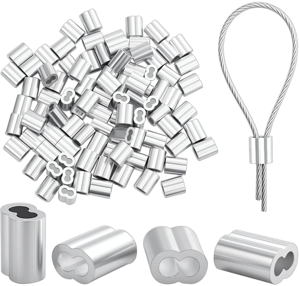 100 stuks kabelklem 2mm, aluminiumhulzen, draadseikelem, persklemmen dubbelhulzen klemklemhulzen wurgklemmen kabelklem aluminium crimpsluiting voor draadseil en kabel