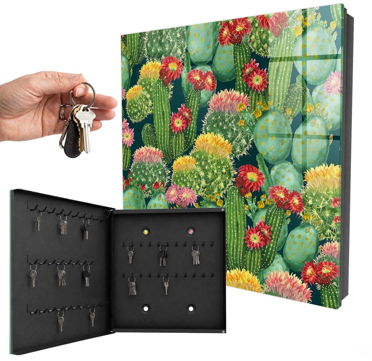WallMuralia - Sleutelkast - 30x30x5 cm - met 50 haken - Kleurrijke Tuin Sleutelkastje - Groente Sleutelbox - Linksopenend - Zwart interieur