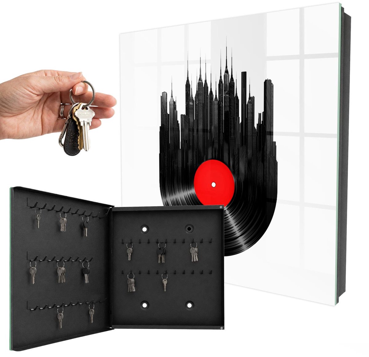 WallMuralia - Sleutelkast - 30x30x5 cm - met 50 haken - Muziek Van De Stad Groot Sleutelkastje - Zwart Sleutelbox - Linksopenend - Zwart interieur