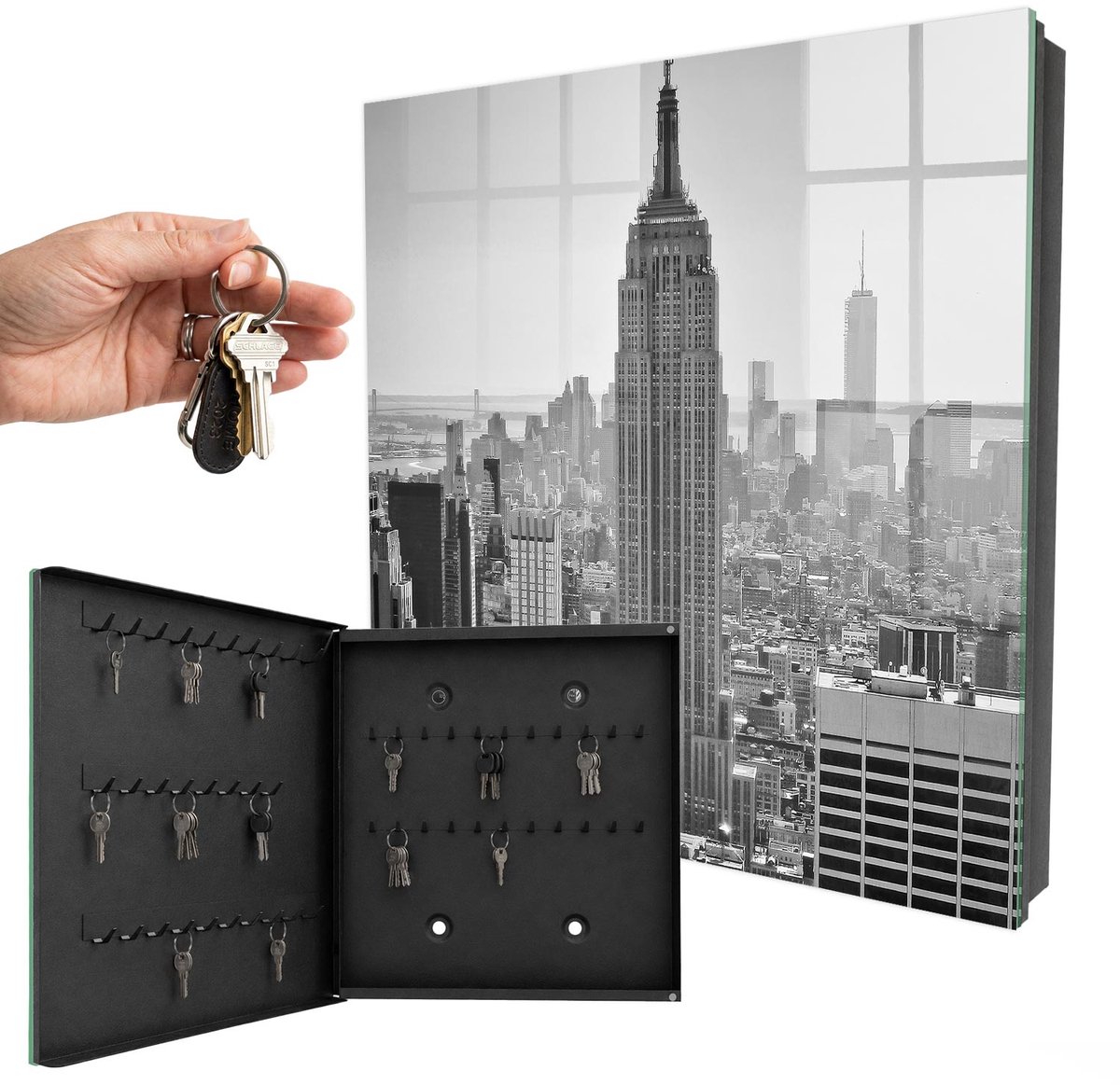 WallMuralia - Sleutelkast - 30x30x5 cm - met 50 haken - Panorama Van De Stad Groot Sleutelkastje - Grijs Sleutelbox - Linksopenend - Zwart interieur
