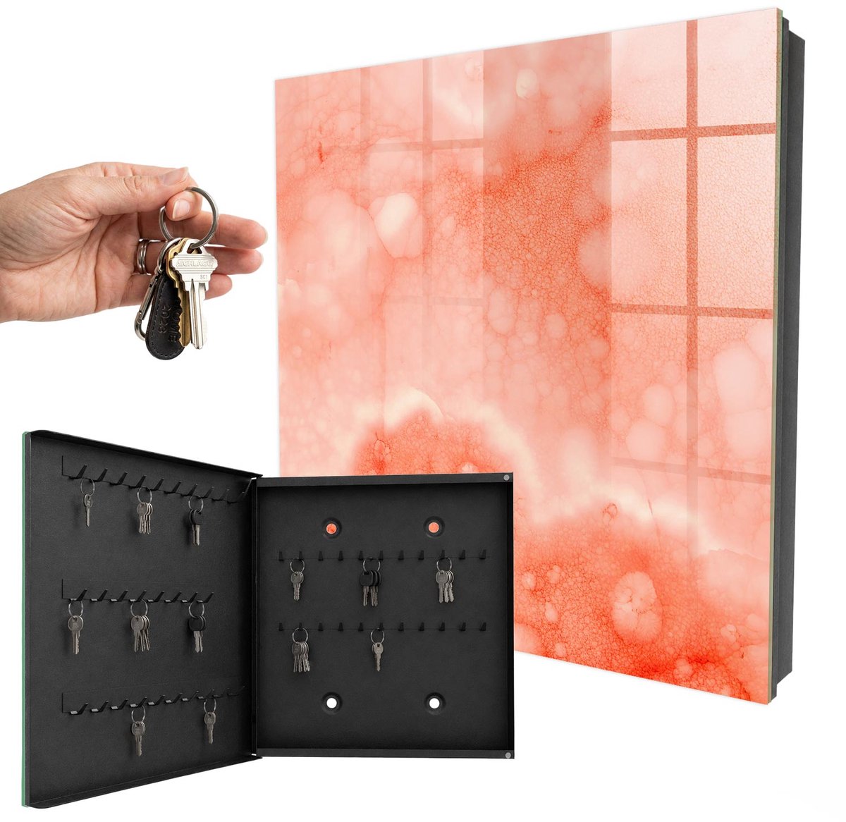 WallMuralia - Sleutelkast - 30x30x5 cm - met 50 haken - Oranje Abstractie Sleutelkastje Landelijk - Oranje Sleutelbox - Linksopenend - Zwart interieur