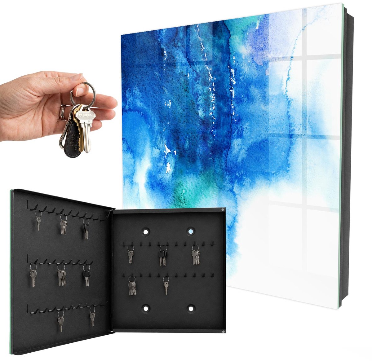 WallMuralia - Sleutelkast - 30x30x5 cm - met 50 haken - Blauwe Golven Sleutelkastje Landelijk - Blauw Sleutelbox - Linksopenend - Zwart interieur