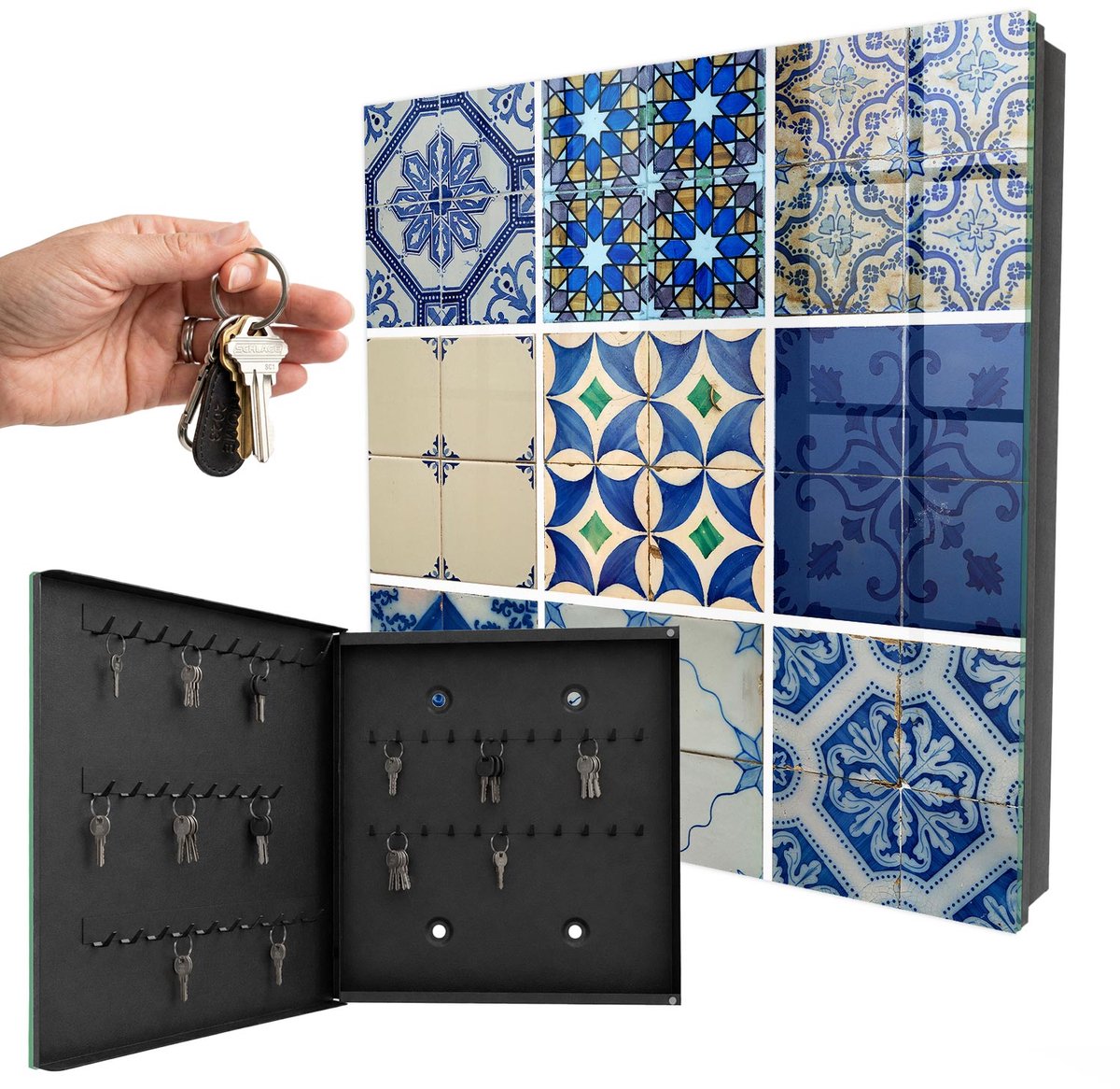 WallMuralia - Sleutelkast - 30x30x5 cm - met 50 haken - Azulejos-Tegels Sleutelkastje Hal - Blauw Sleutelbox - Linksopenend - Zwart interieur
