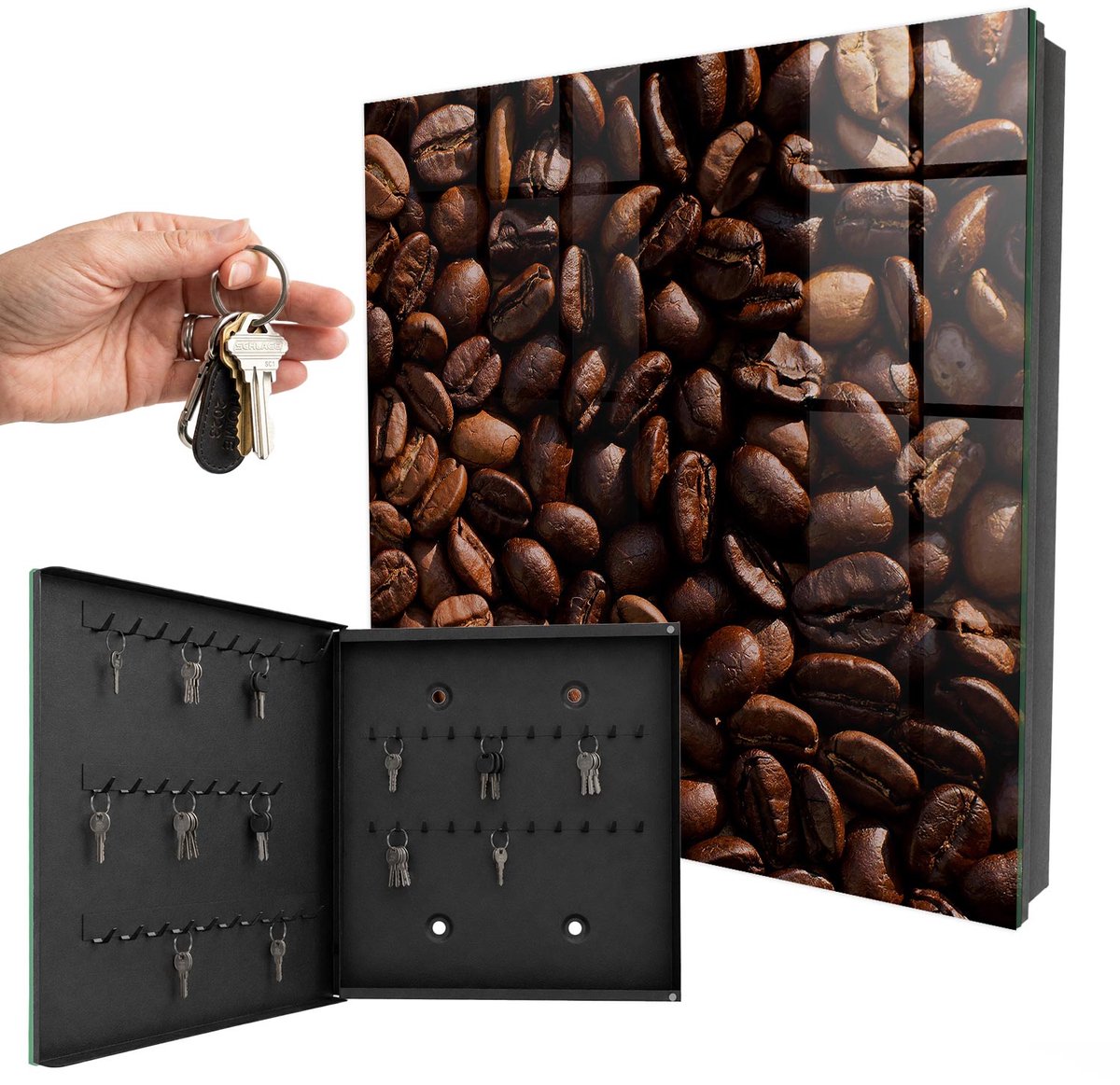 WallMuralia - Sleutelkast - 30x30x5 cm - met 50 haken - Aromatische Koffie Groot Sleutelkastje - Bruin Sleutelbox - Linksopenend - Zwart interieur
