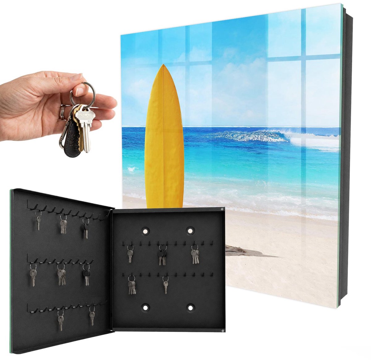 WallMuralia - Sleutelkast - 30x30x5 cm - met 50 haken - Surfparadijs Sleutelkastje Landelijk - Geel Sleutelbox - Linksopenend - Zwart interieur