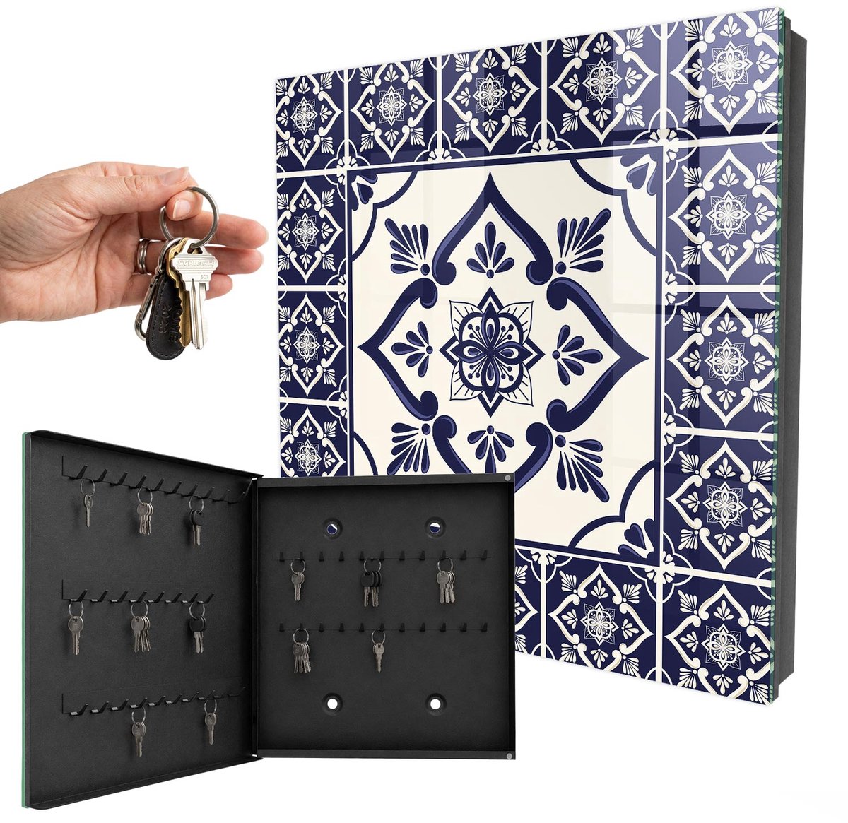 WallMuralia - Sleutelkast - 30x30x5 cm - met 50 haken - Klassieke Elegantie Sleutelkastje Hal - Marine Sleutelbox - Linksopenend - Zwart interieur