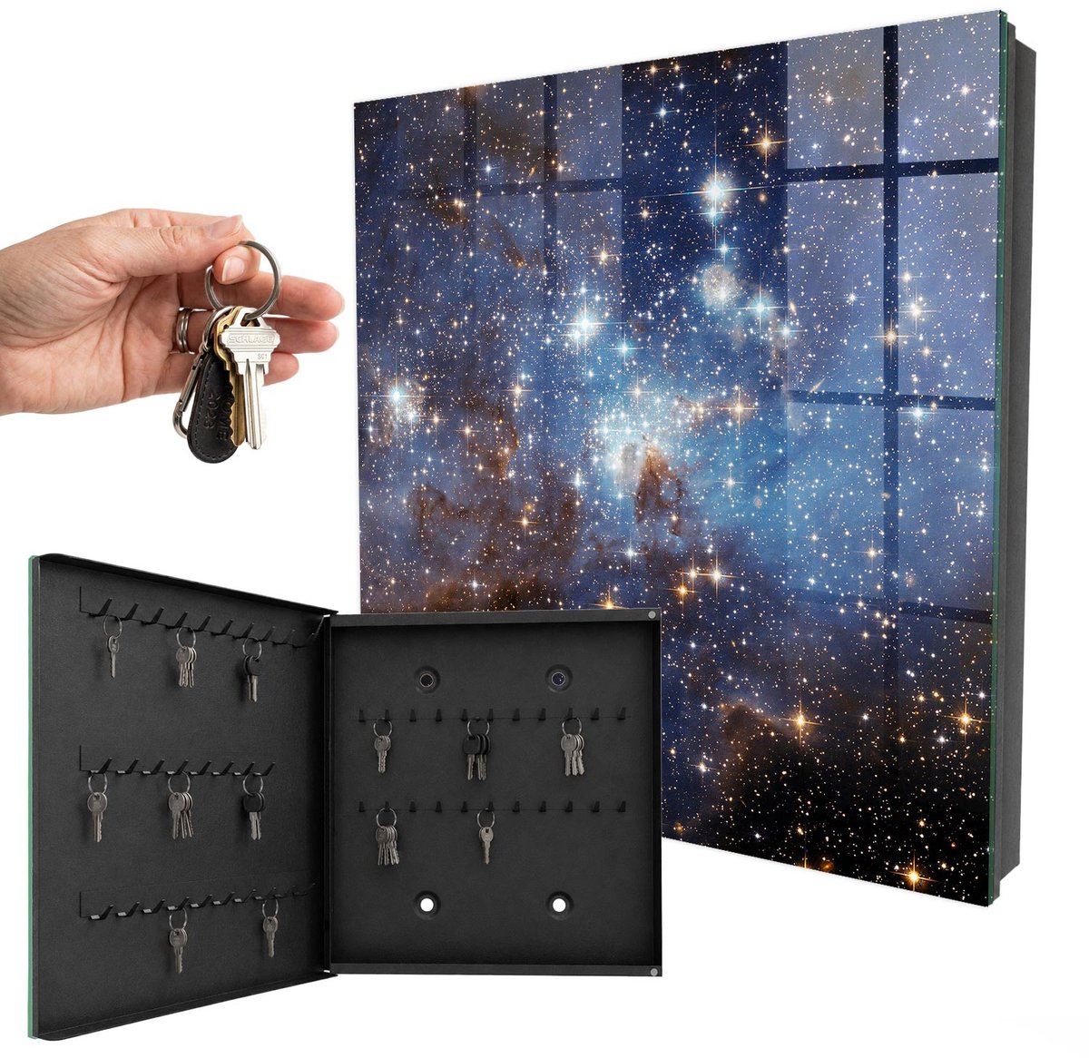 WallMuralia - Sleutelkast - 30x30x5 cm - met 50 haken - Kosmische Ruimte Sleutelkastje Modern - Blauw Sleutelbox - Linksopenend - Zwart interieur