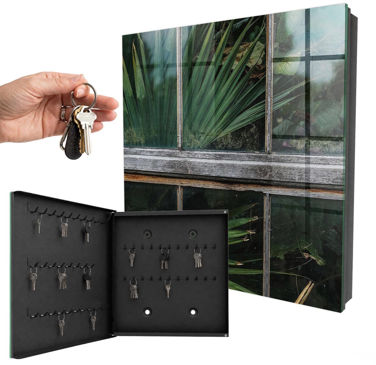 WallMuralia - Sleutelkast - 30x30x5 cm - met 50 haken - Groene Harmonie Sleutelkastje Gang - Groente Sleutelbox - Linksopenend - Zwart interieur