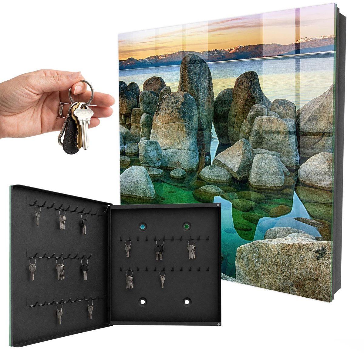WallMuralia - Sleutelkast - 30x30x5 cm - met 50 haken - Bergvrede Sleutelkastje Industrieel - Groente Sleutelbox - Linksopenend - Zwart interieur
