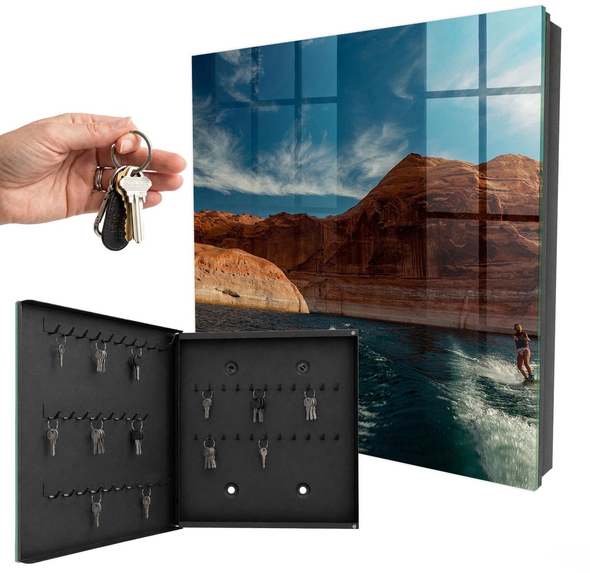 WallMuralia - Sleutelkast - 30x30x5 cm - met 50 haken - Wateremoties Sleutelkastje Klein - Oranje Sleutelbox - Linksopenend - Zwart interieur