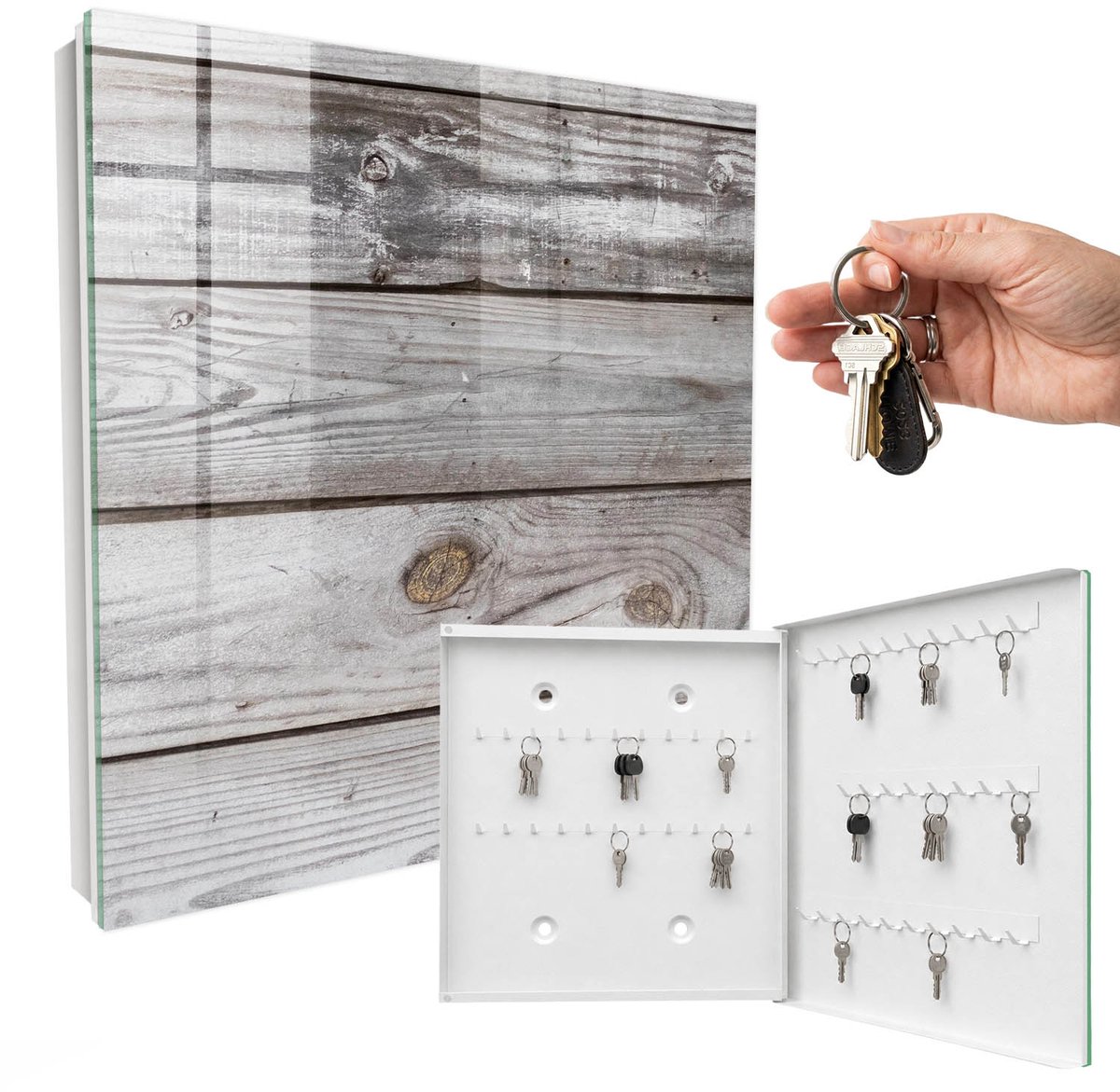 WallMuralia - Sleutelkast - 30x30x5 cm - met 50 haken - Houtstructuur Sleutelkastje Modern - Grijs Sleutelbox - Rechtsopenend - Wit interieur