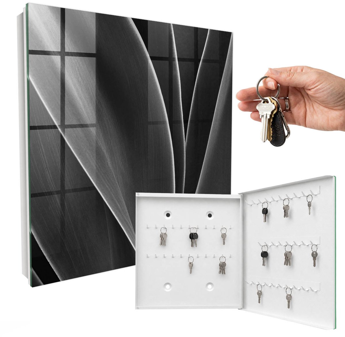 WallMuralia - Sleutelkast - 30x30x5 cm - met 50 haken - Abstracte Bladeren Sleutelkastje Voor Binnen - Grijs Sleutelbox - Rechtsopenend - Wit interieur
