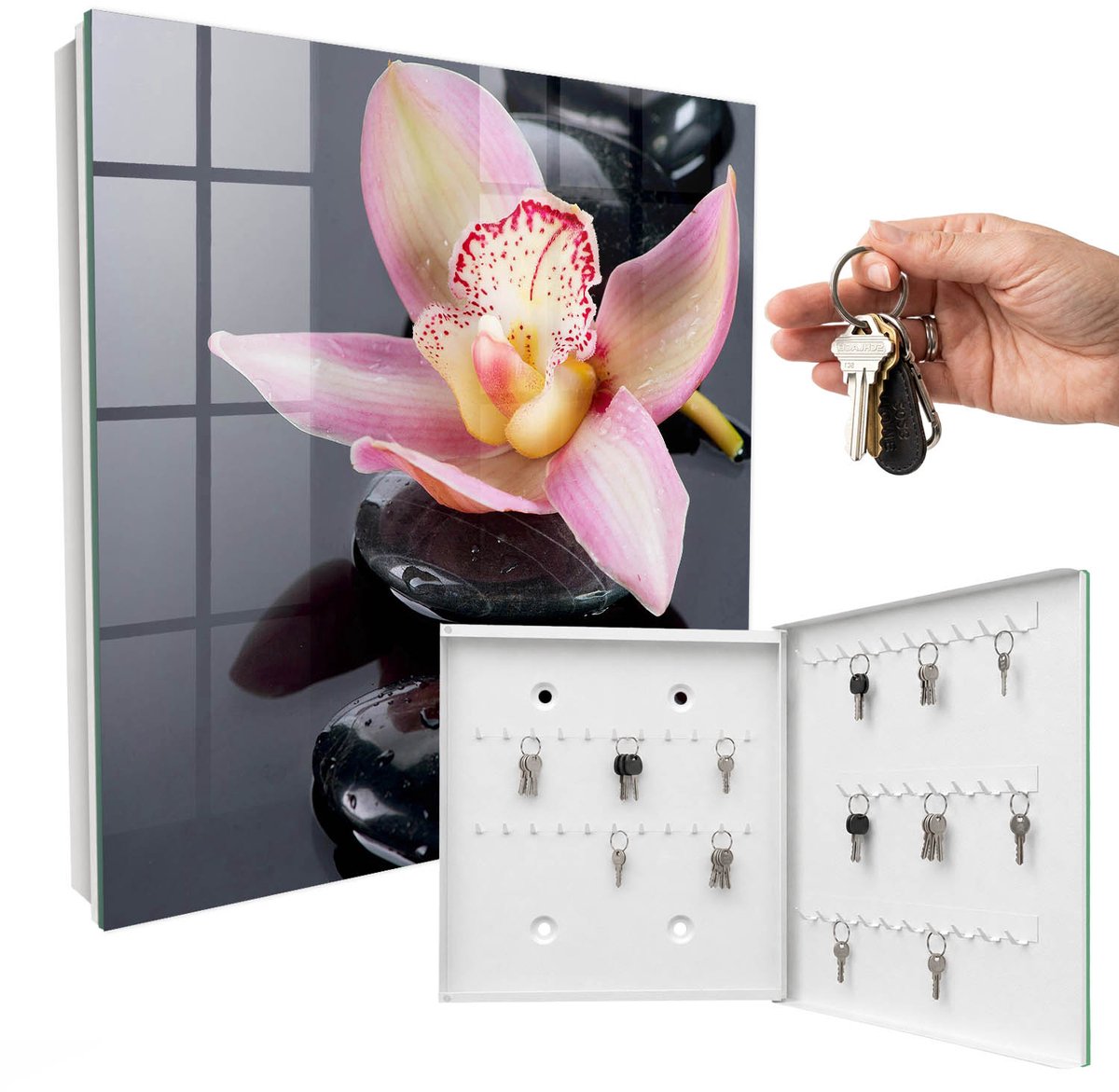 WallMuralia - Sleutelkast - 30x30x5 cm - met 50 haken - Orchideeënstenen Sleutelkastje Hal - Zwart Sleutelbox - Rechtsopenend - Wit interieur