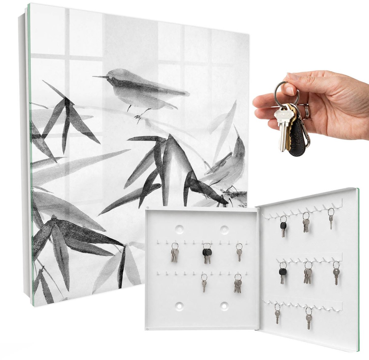 WallMuralia - Sleutelkast - 30x30x5 cm - met 50 haken - Bamboe Natuur Sleutelkastje Klein - Wit Sleutelbox - Rechtsopenend - Wit interieur